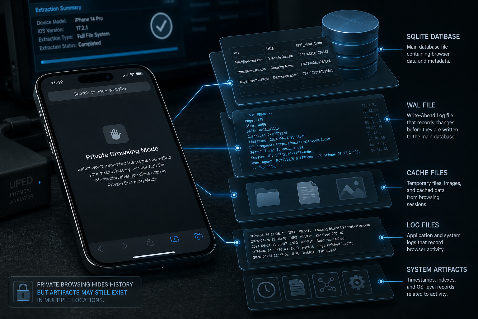 Private browsing mode on a phone with forensic artifact sources including SQLite database, WAL file, cache files, log files, and system artifacts